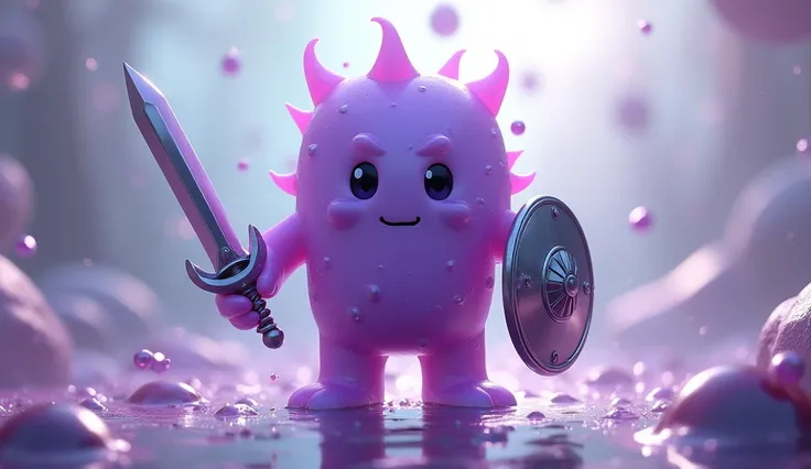 ((Highest quality)), ((masterpiece)), (detailed),A gel-like, disintegrating creature、Purple、No limbs、Holding a metal hero&#39;s shield in one hand and a metal hero&#39;s sword in the other、Her face is cute、One person、Gender: Male
