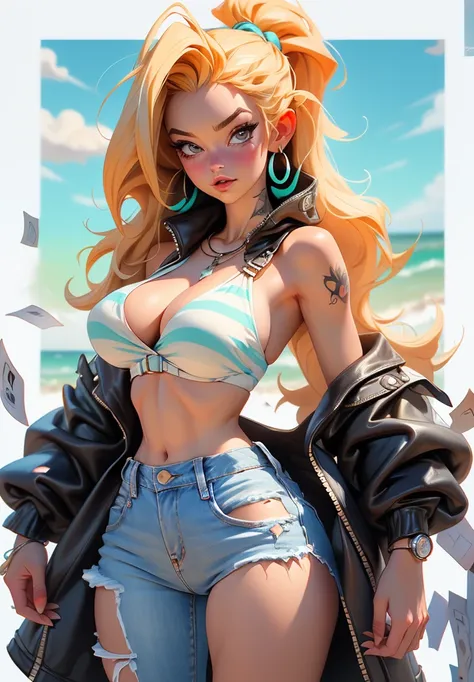 ((Best quality)), ((Masterpiece)), ((Realstic)) and ultra-detailed pchaudography, nous, Jolie fille nous de One Piece,   Jolie fille,  neon light. Porte un bikini et un jean, ABS potelé, ((beautiful and aesthetic)), sexy, gros seins, chaud, (grosse poitrin...