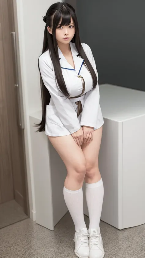 long hair with bangs,hair in bun,huge breasts,knee long socks, white small nurse uniform,extremly long hair,