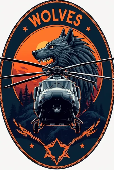 Create a circular patch of Aviation Squadron called Wolves having helicopter MI 171, with House Stark sigil, patch picture should be without background 