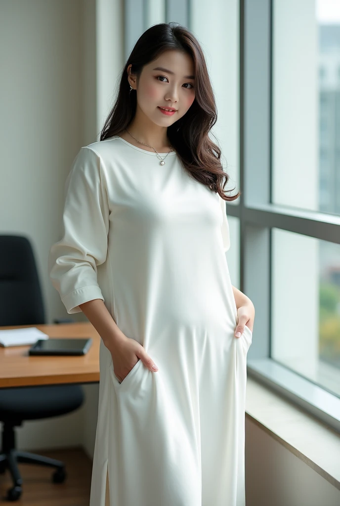 (masutepiece,High quality:1.3),(depth of fields:1.3) ,((front body:1.35)),  Japanese ,woman, natural makeup,standard height, (White Long Sleeve Round neck T-shirt Maxi Tight Dress:1.2), (huge breasts:1.5), thicc, curvy,(Looking at Viewer:1.3),(full body:1....