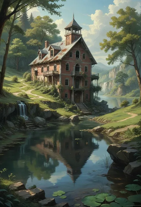 abandoned house by the lake,landscape, water, (8k wallpaper of extremely detailed cg unit), most beautiful works of art in the w...