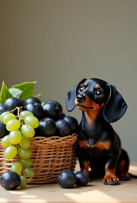 basket of black plums and grapes cute puppy black shorthair dachshund on his knees and smiling