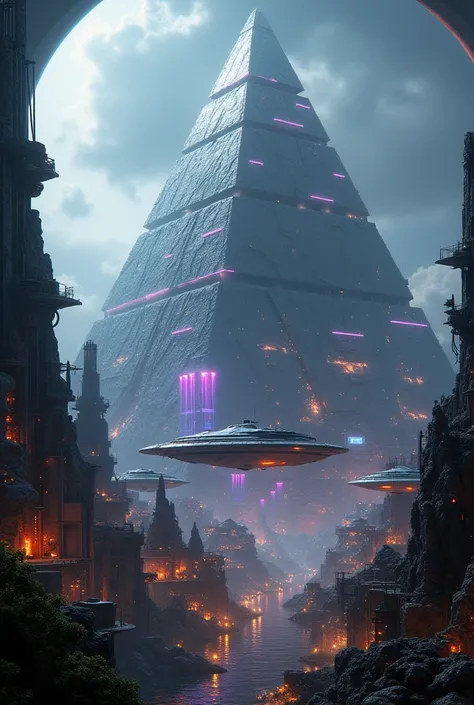 Pyramids of black volcanic glass with neon light. city of the future. spaceships. City under the biodome