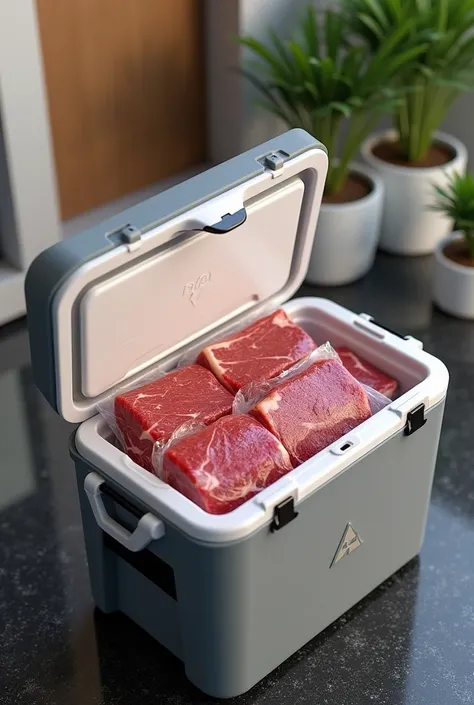 Vacuum-sealed meat is placed on a high-quality cooler box.