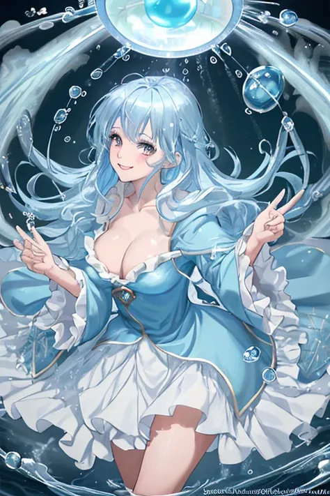 Light blue magic robe, open, cleavage, thighs, light blue hair, brown eyes, woman, smiling, magic wand, overflowing water, bubble shower, frilled mini skirt, magic circle  