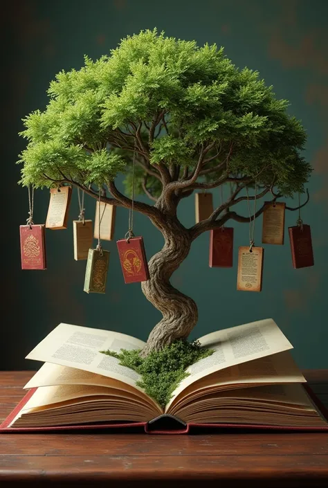 The design of an open book with a tree coming out of the middle of the book and 30 books hanging from it