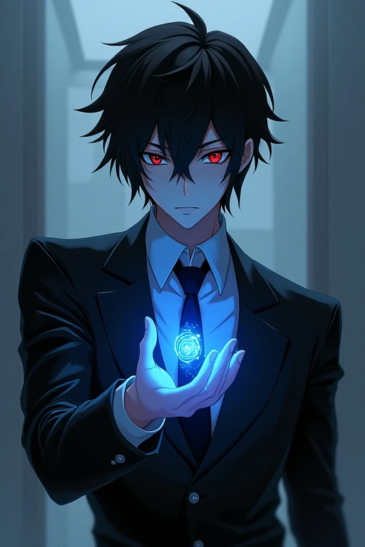 Black Hair,Black Suit,male,Anime Style,Red Eye,Holding a blue light in one hand