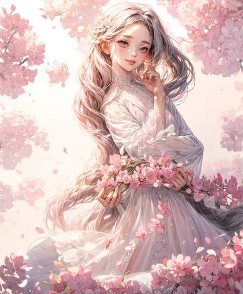 Light pink lace long sleeve dress　holding a white flower in your hands　Black long hair　Background white　Stickers　whole body　front　A gentle smile