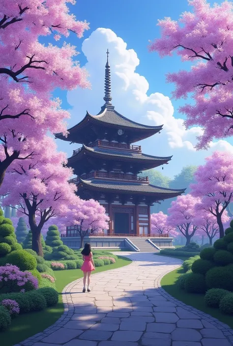 Generates a webada to a Japanese temple with cherry trees with purple petals 