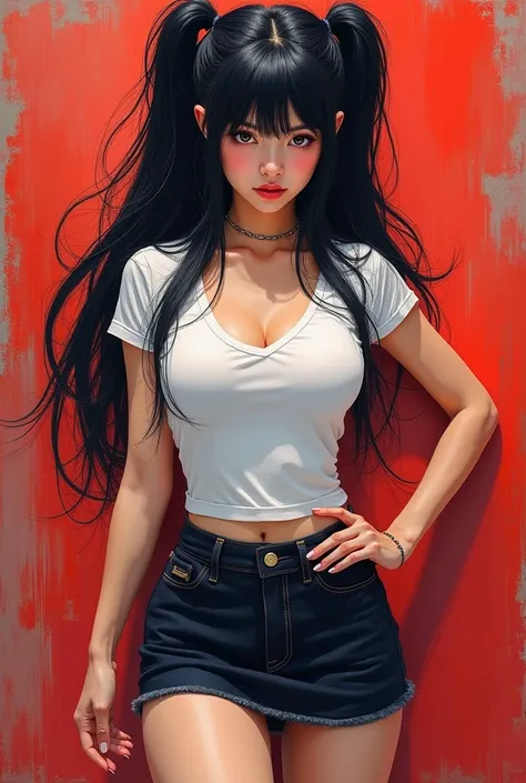 The image style is「Colored lead painting」，A sexy 1 girl，Black long hair，miniskirt，Double tail，White low-cut T-shirt，C cup，Proportion [9:16」