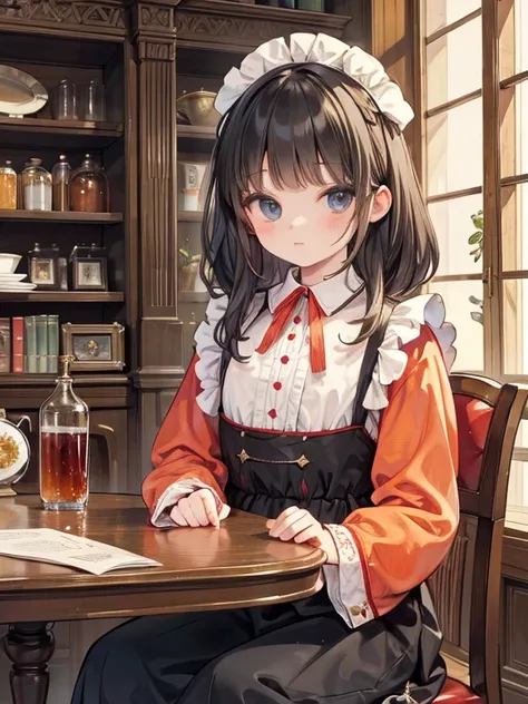 masterpiece, 8k, Cowboy Shot, (Carl Larsson:1.4), Detailed face, Perfect Fingers, a , black eye, Black Hair, Wavy Hair, Black maid outfit, Luxurious Western-style building, Bookshelf, Table seating, Chair