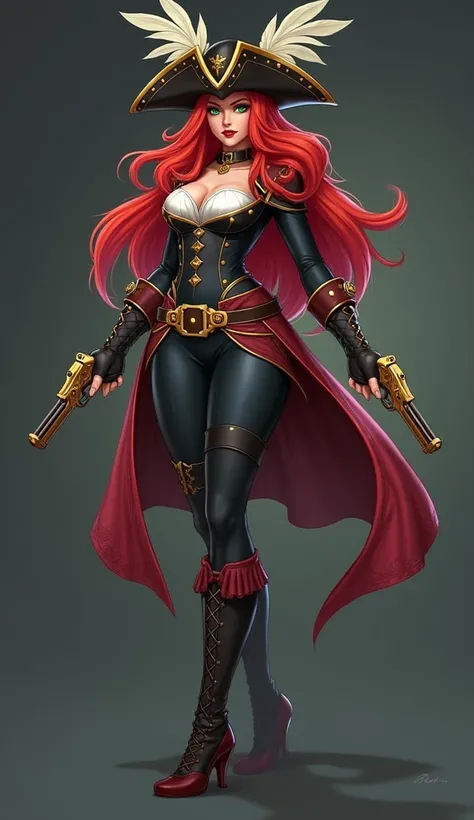 Miss Fortune, also known as Sarah Fortune, is a striking character from League of Legends. Here is a detailed description of her appearance:

Hair: Long, flowing red hair that cascades down her back, often styled with a slight wave.
Eyes: Bright green eyes...