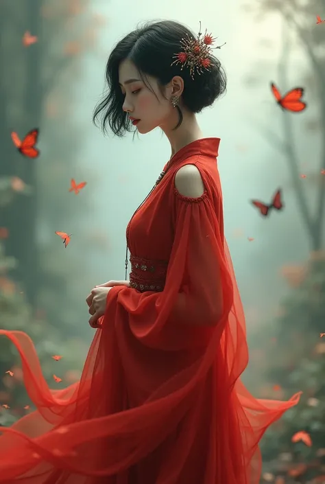 1girl,solo,wings,black hair,bug,butterfly,hair ornament,dress,red lips,realistic,red dress,chinese clothes,long sleeves,hanfu,short hair,standing,jewelry,wide sleeves,blurry,