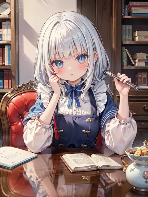 8k, Cowboy Shot, (Carl Larsson:1.4), Detailed face, Perfect Fingers, One Girl, blue eyes, Silver Hair, Wavy Hair, Black maid outfit, Luxurious Western-style building, Bookshelf, Table seating, Chair