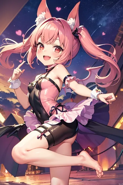 (masterpiece,best quality,ultra-detailed), an anime girl who is a playfully and sweet succubus. She has candy pink m-shaped bangs short hair with twin ponytails, ruby round eyes, fruit bat ears and wings, wearing a bodysuit, ankle straps, feet, floating pl...