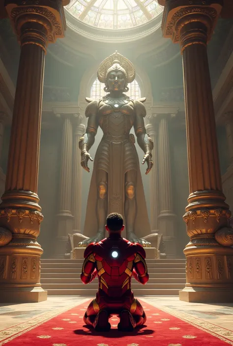 Iron Man worships God in a large Hindu temple