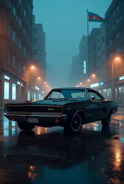 Black 1967 dodge challanger parked in baku city  at foggy night azerbaijan flag