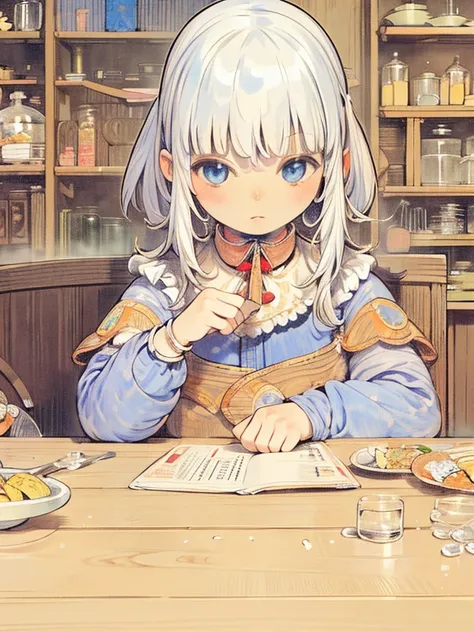 8k, Cowboy Shot, (Carl Larsson:1.8), Detailed face, Perfect Fingers, One Girl, blue eyes, Silver Hair, Wavy Hair, Black maid outfit, Luxurious Western-style building, Bookshelf, Table seating, Chair