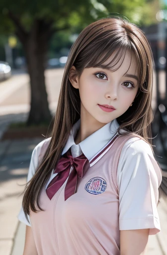 {{1 female, white}}, View your audience, Hazel Eyes, Ultra-high resolution,Very detailed, Brown Hair, Pink clothes,uniform, high school girl, Soft skin texture,Soft and sexy lips, Happy, 最high quality, high quality, Very detailed 8K photo:1.5, whole body