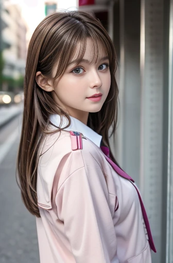 {{1 female, white}}, View your audience, Hazel Eyes, Ultra-high resolution,Very detailed, Brown Hair, Pink clothes,uniform, high school girl, Soft skin texture,Soft and sexy lips, Happy, 最high quality, high quality, Very detailed 8K photo:1.5, whole body