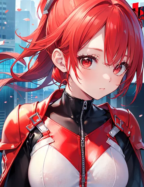 (close up:1.2),Practical,best quality, Ultra Detailed, High-quality CG rendering, The most exquisite、most beautiful, Floating lightly, high resolution, (1 Giant Girl), (best quality,4K,8K,masterpiece:1.2),(All red hair:1.5), (Ponytail:1.5),(Red Eyes:1.5), ...