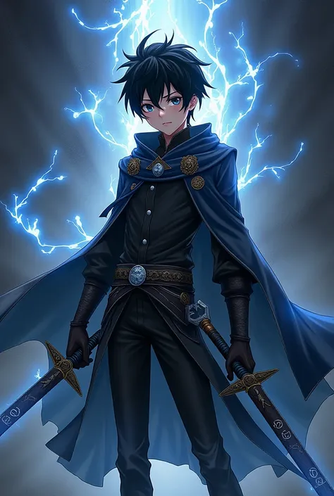 Chico, adolescent, アニメ,black hairr,grey eyes,clothes black,swords,dark magic 