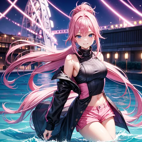 Pink Hair, Long Ponytail,On the river, A big smile, Pink shorts, One woman, Light blue shining eyes, Slightly enlarged chest, Tempered body, Top Idol,Staring at the audience, Jet black long coat,Beautiful abdomen, god々Cool atmosphere,Smiling at your lover