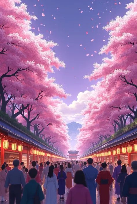 It creates a Japanese festival with cherry trees on the sides and purple petals with a purple sky. 