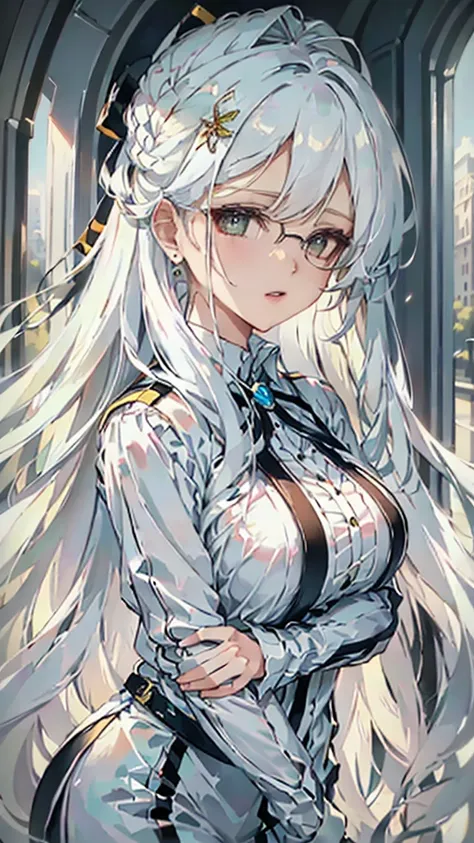 realistic style , gashima 2 shiroi hana, 1 girl, bee, abundant white hair, long bangs,  two white horns on the head, ((he has bi...