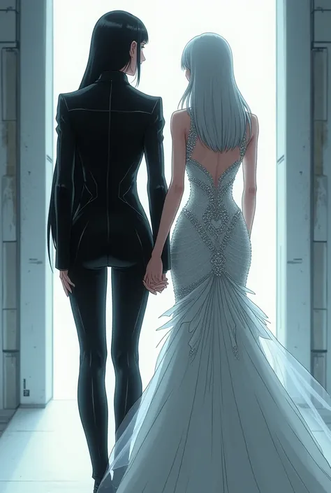 Sanakan and Cibo from Blame! Manga in a wedding dress), (sci-fi theme) suit black hair, dress striking silver hair, Futuristic atmosphere Emphasizes radiance pure atmosphere Intricate details of the outfit A soft but bright light shines from above. Intimat...