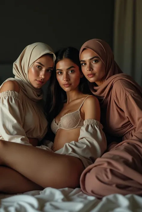 three hijab lesbian girl,lace bra,laying down on bed,sex,wet,lookin to camera.