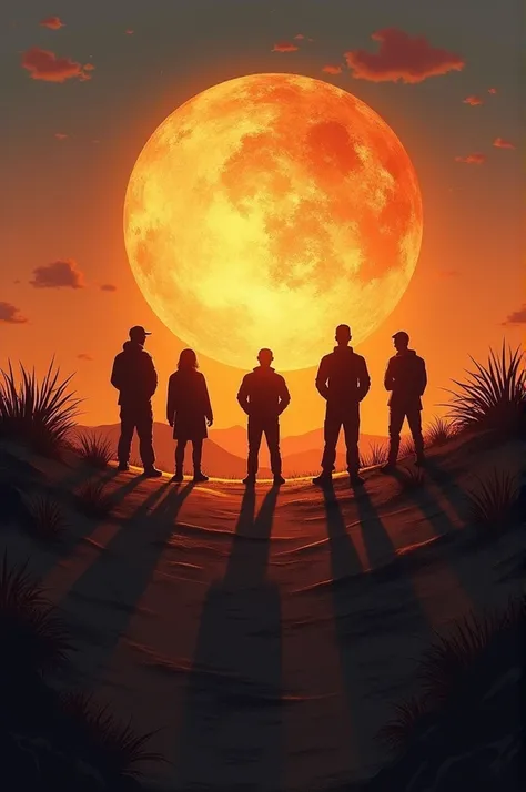 ((best quality)), ((masterpiece)), (detailed), perfect face in a circle shadow of 6 men stand and background is hilly area and time of sunset and downward of circle write Team Explorer 
