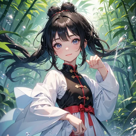 A chibi child girl had a small face and Wearing white little Taoist priests outfit. A pair of big round eyes shone with curiosity about him. This child was so cute,her hair is black with two buns on her hair.small chibi, chibi baby, smiling ,Chibi.

The ba...