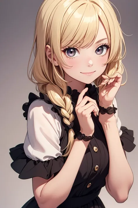 Create an image of a child version of a female Sanji, depicted as a cute model. She has big, perfect eyes, with the most detailed eyes, capturing an innocent and playful expression. Her hair is blonde and soft, styled in a cute, tidy way with perfect stran...