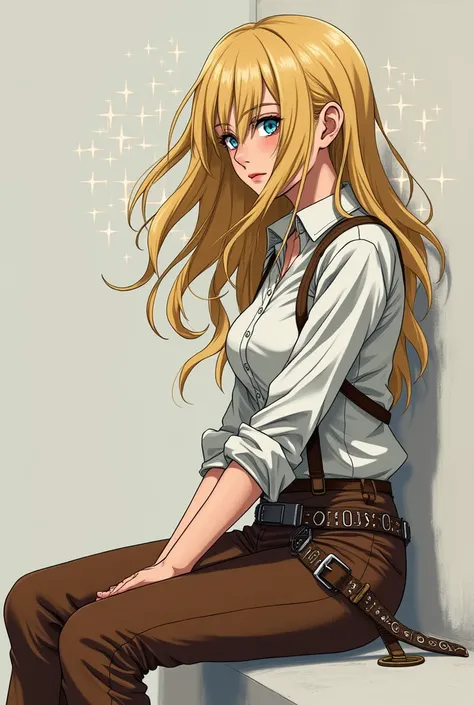 Otto style, Attack on Titan,, , Christa Lenz,, 1 Girl, belt, belt Buckle up, Blonde Hair, blue eyes, 棕色shoe类, brown Pants, Buckle up, chest belt, collared shirt, diamond (shape), Flowing hair, from the side, whole body, Gray background, Hair between the ey...