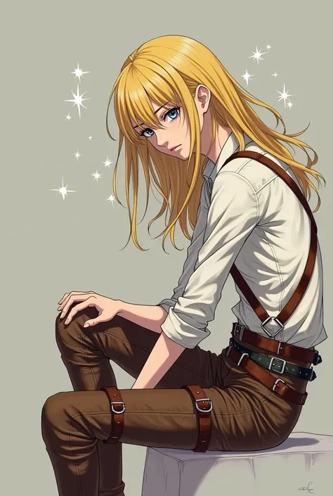 Otto style, Attack on Titan,, , Christa Lenz,, 1 Girl, belt, belt Buckle up, Blonde Hair, blue eyes, 棕色shoe类, brown Pants, Buckle up, chest belt, collared shirt, diamond (shape), Flowing hair, from the side, whole body, Gray background, Hair between the ey...