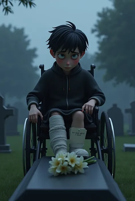 Julian Lexloy, sitting in his wheelchair, stands alone in front of Ruby&#39;s coffin in a cemetery under a gray sky. Her black hair is messy, and her blue eyes are red with tears. He wears a sombre costume, et son pied, still bandaged, repose sur le repose...