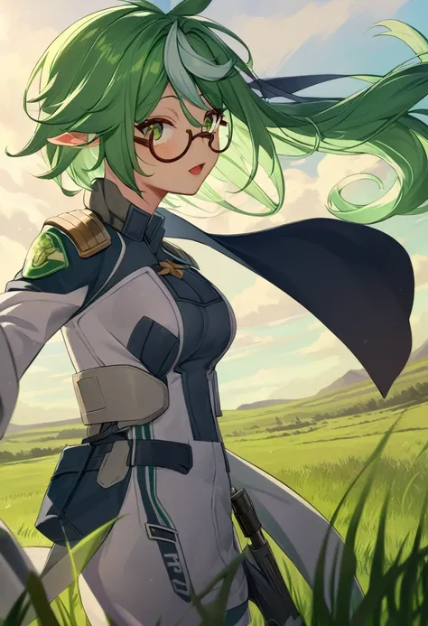 8K Ultra High-Quality, ultra-detailed, High quality, Sucrose, glasses, tactical clothes, grass plains background, windy, hair flowing in the wind