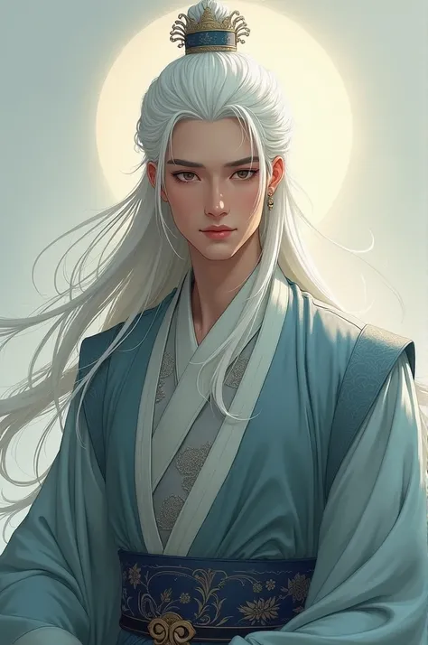 A handsome young man with long white hair in a Chinese costume