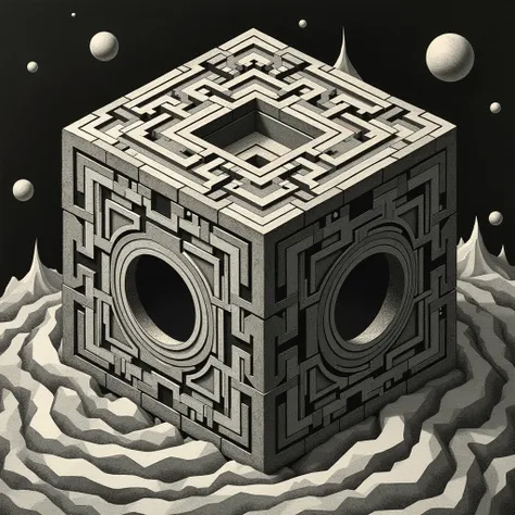 Surreal Scene, Trick Art, Optical illusion, Necker Cube, Optical Illusion Cube, illustration, By Maurits Escher