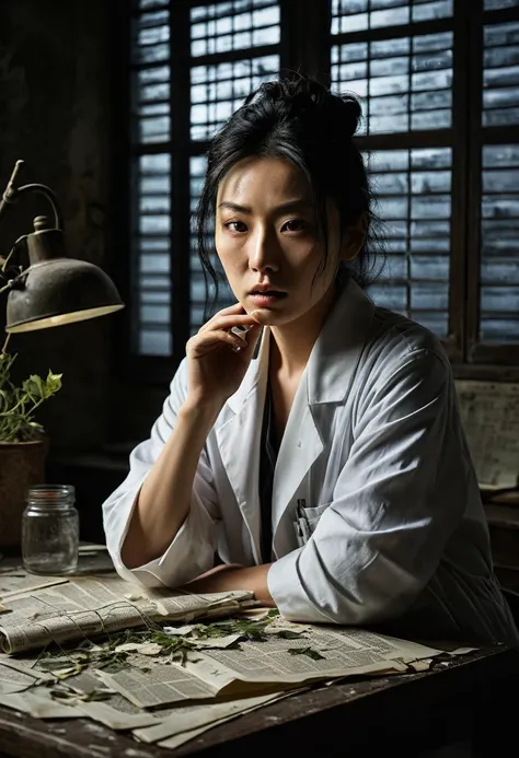 Beautiful botanical genius, Misaki Sato, 28, Japanese, long black hair in a messy bun, concentrated expression, in a dimly lit laboratory, early morning sunlight streaming through venetian blinds, creating stark shadows, papers and broken glass strewn acro...