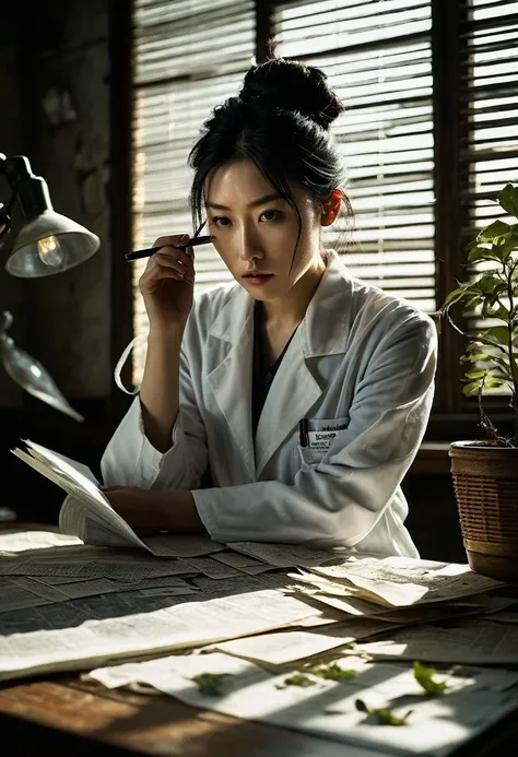 Beautiful botanical genius, Misaki Sato, 28, Japanese, long black hair in a messy bun, concentrated expression, in a dimly lit laboratory, early morning sunlight streaming through venetian blinds, creating stark shadows, papers and broken glass strewn acro...