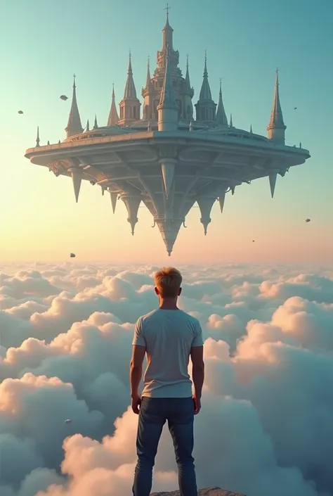 A cinematic medium shot of a athletic 46yr old man with strawberry-blonde hair wearing a t-shirt and jeans. Strong cinematic posture, back to the camera. He is standing knee-deep in clouds, between fluffy sunset clouds and looking at a magnificent fantasy ...