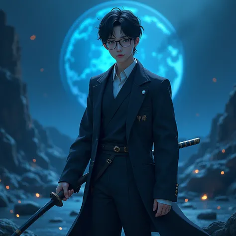 Create a character anime, {{background: text: “GLBK”, darkness blue vulcano}},
realistic, HDR, use glasses, handsome, korean style, full body, use katana, age 20, outfit text: “PRAS”, male