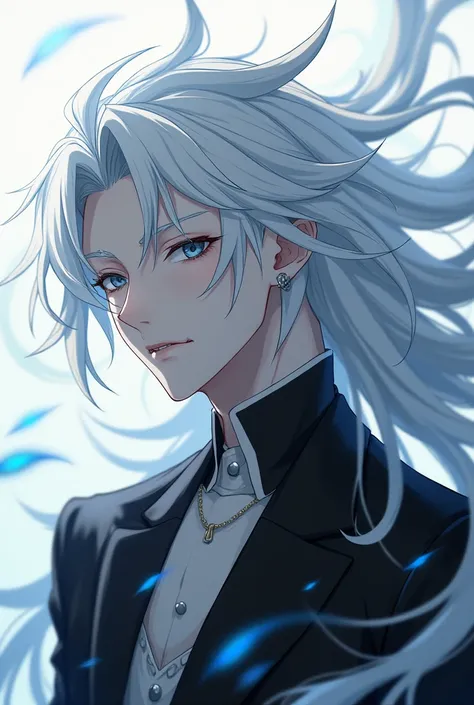 anime style boy, long white hair, pale skin sharp teeth quite handsome and masculine