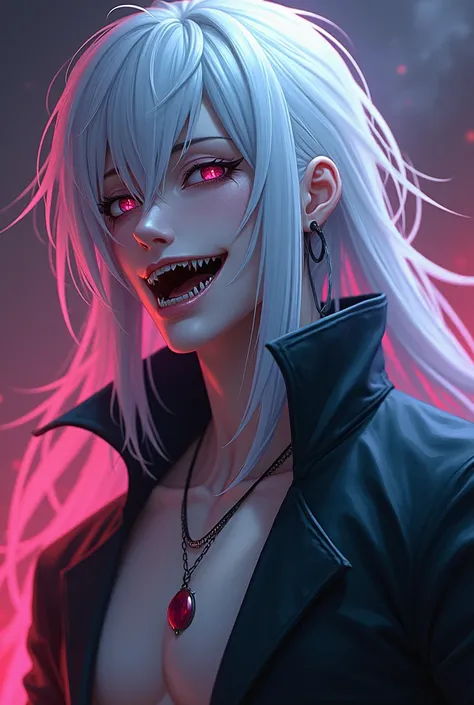 1 anime character, long white hair, sharp teeth, pale skin, strikingly handsome, detailed facial features, expressive eyes, sharp jawline, confident pose, dramatic lighting, cinematic framing, vibrant colors, digital painting, 8k, high quality, realistic