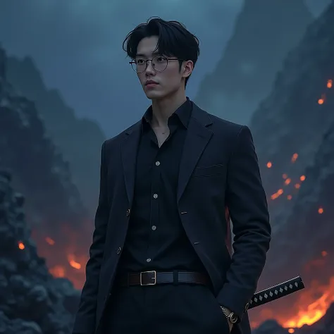 Create a character anime, {{background: text: “GLBK”, darkness blue vulcano}},
realistic, HDR, use glasses, handsome, korean style, full body, use katana, age 20, outfit text: “PRAS”