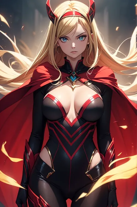 Create an image of a female version of Sanji cosplaying as Wanda Maximoff. She has perfect, captivating eyes, with the most detailed eyes, radiating power and mystery. Her hair is a striking blend of Sanjis blonde and Wandas deep auburn, flowing with perfe...