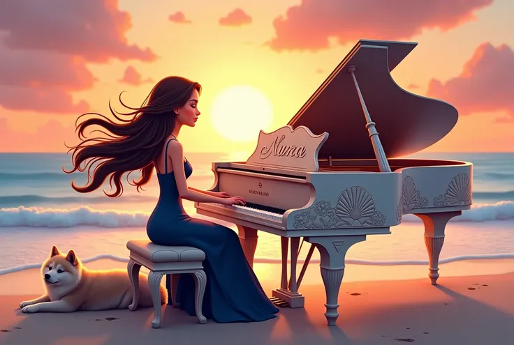 "A warm, fantasy cartoon-style scene featuring a graceful woman playing the piano on a tranquil beach at sunset. The woman, with long, flowing hair moving gently in the ocean breeze, wears an elegant, navy blue dress that drapes beautifully. The piano she ...